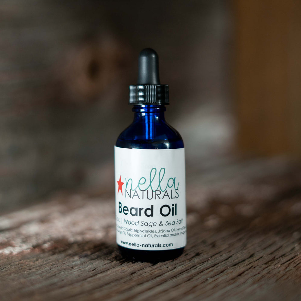Wood Sage & Sea Salt Beard Oil on a shelf